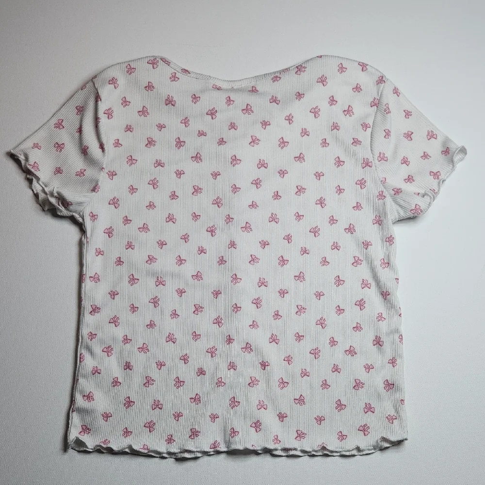 Glitter Girl Girls L 10/12 White Pink Bow Print Button Front Short Sleeve Top